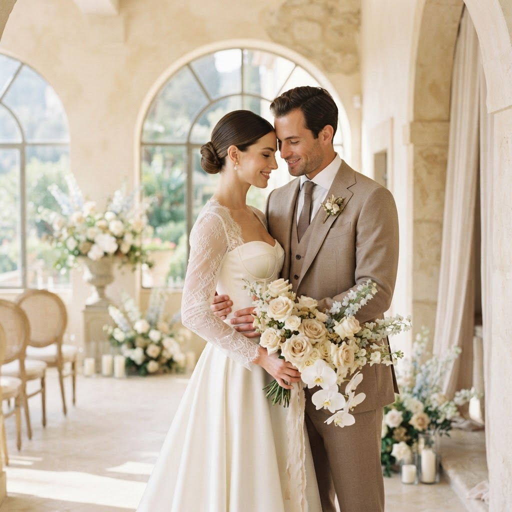 An elegant couple celebrating their wedding in a warmly lit venue